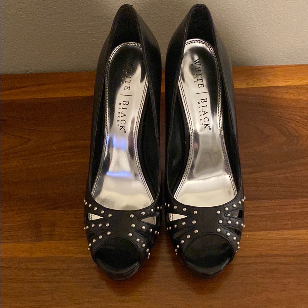 White House Black Market Black Rhinestone Peep Toe Heels
